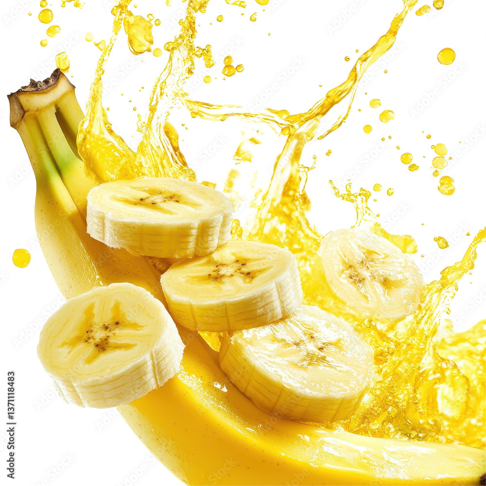 Poster fresh banana slices creating a splash in vibrant yellow juice on a white background