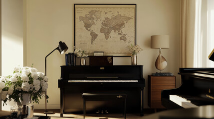 Elegant composition at living room interior with black piano, design commode, black mock up poster map, spring flowers, table lamp and presonal accessories in modern home decor.