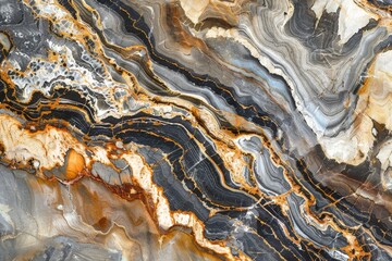 Fototapeta premium Close-up of a smooth marble surface with intricate veining in shades of grey, black, gold, and orange, Smooth marble with natural veining