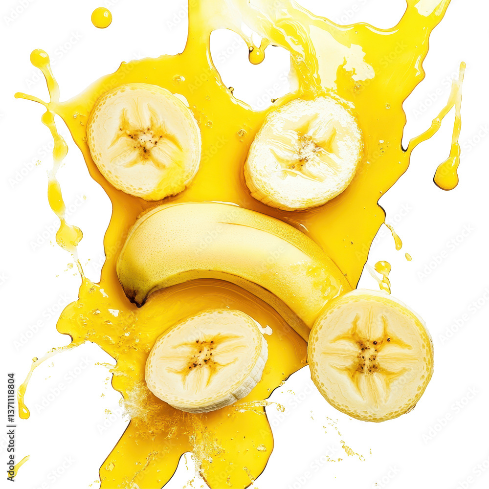 Poster fresh banana slices creating a splash in vibrant yellow juice on a white background