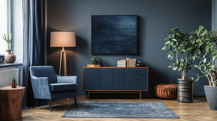 Stylish interior of living room with blue navy commode, mock up poster frame, decoration, book and elegant personal accessories in modern home decor. Template. 