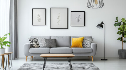 Stylish minimalistic living room with design grey sofa, geometric lamp, coffee table, pillows and elegant accessories Mock up posters frame on the white walls. Minimalistic home decor. 