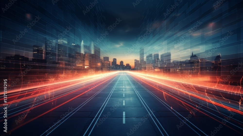 Poster abstract representation of big data technology with motion blur on a highway and city skyline
