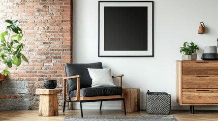 Stylish scandinavian composition of living room with design armchair, black mock up poster frame, commode, wooden stool, book, decoration, loft wall and personal accessories in modern home decor.