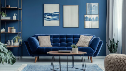 Creative compositon of modern living room interior design with glamour blue sofa, metal shelf, coffee table and elegant home accessories. Dark blue wall. Home staging. Template. Copy space.