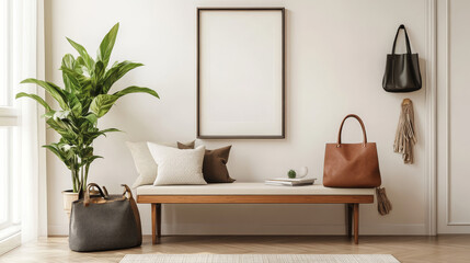 Stylish composition of living room interior with mock up frame, wooden bench, pillow, plaid, woman bag, plant, decortaion and elegant personal accessories in modern home decor.
