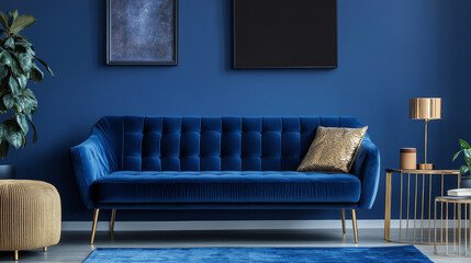 Stylish living room interior composition with velvet blue sofa, golden side table, pouf, pillows and elegant home decor. Dark blue wallpaper. Template. Copy space.