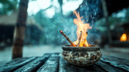 A captivating image of incense burning in a rustic clay pot, surrounded by a softly blurred natural backdrop, creating a serene ambianc of spirituality and tranquility.