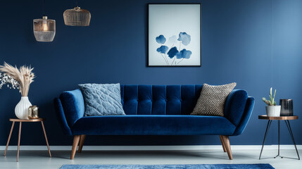 Modern living room interior composition with velvet blue sofa, design side table and elegant home decor. Dark blue wallpaper. Template. Copy space.