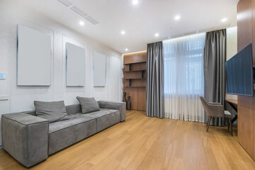 Studio apartment with modern interior design. Dark wood furniture, grey sofa and original paintings on the wall.