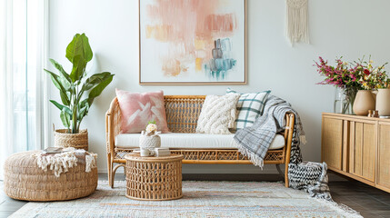 Interior design of living room at modern home with stylish rattan armchair, plaid, macrame, wooden cube, flowers in vase, carpe and elegant accessories. Design home decor.Template. Abstract paintings