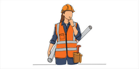 female construction worker or civil engineer wearing reflective vest single line art drawing sketch on white background