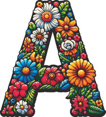 Doodle flower letter A. Floral element of colorful alphabet made from flowers.