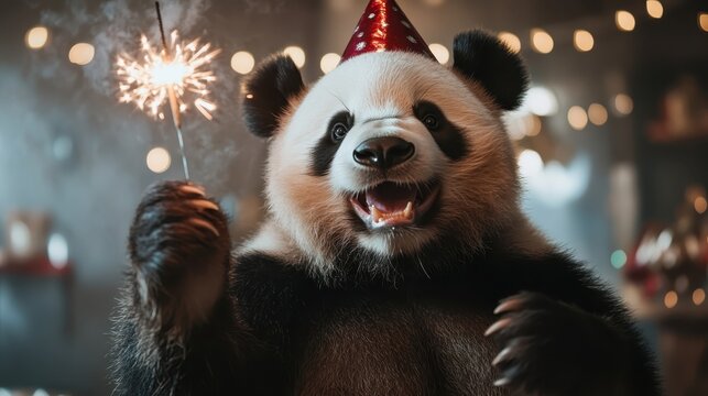 A joyful panda dressed in a festive party hat, holding a sparkler, exuding a playful spirit and happiness, perfect for capturing the joy and celebration of life’s special moments.