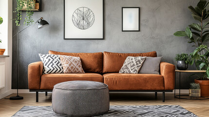 The stylish composition of living room interior with mock up poster frame, brown sofa, patterned pillow, modern pouf and personal accessories. Gray concrete wall. Home decor. Template. 