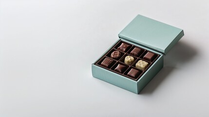 Chocolate box with assorted truffles on a light background  