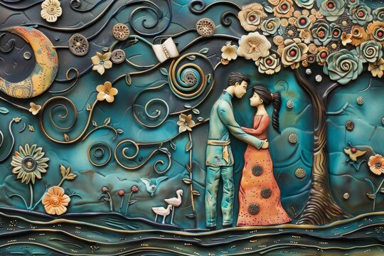 A couple stands embraced in a dream-like landscape, surrounded by swirling vines and flowers, A whimsical scene of a family dreaming about their future together