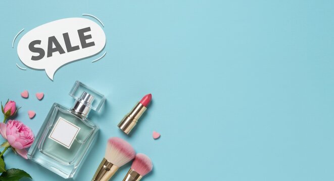 Sale sign with perfume and makeup on blue background - Powered by Adobe