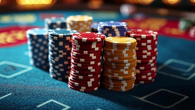 Colorful casino chips stacked on a gaming table during an exciting poker night at the local gaming venue