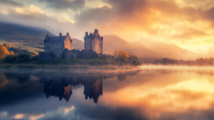 Obraz premium Medieval castle reflecting in misty lake at sunrise with vibrant sky