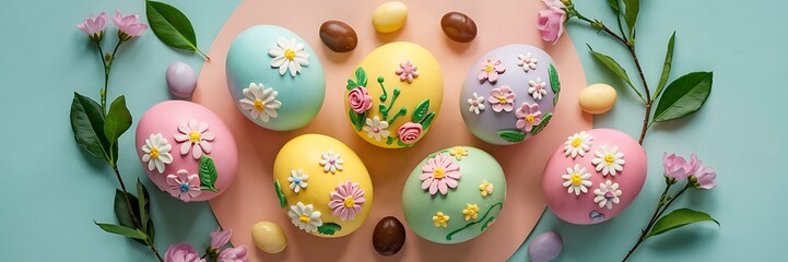 Fototapeta premium Elegant Pastel Easter Eggs Decorated with Delicate Floral Designs Arranged on Soft Peach Background with Chocolate Candies Green Leaves Spring Flowers Perfect for Easter Holiday Visuals Background
