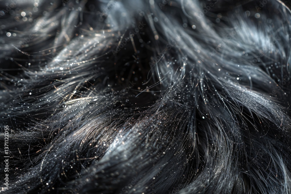 Poster a close-up image showcasing the fuzzy texture of black fur with shimmering particles, fuzzy, fuzzy t