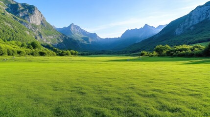 Fototapeta premium Lush valley, vibrant green meadow, serene mountain backdrop