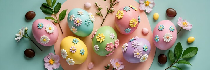 Fototapeta premium Elegant Pastel Easter Eggs Decorated with Delicate Floral Designs Arranged on Soft Peach Background with Chocolate Candies Green Leaves Spring Flowers Perfect for Easter Holiday Visuals Background