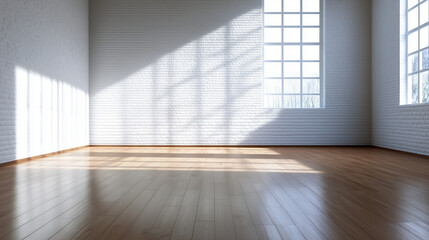 Obraz premium Empty spacious room with pristine white brick walls, wide-plank natural oak wooden floors, large windows casting soft daylight shadows, perfect for interior design mockups