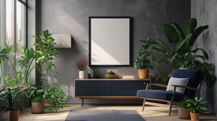 Stylish scandinavian living room with mock up poster frame,  navy blue commode, plants, flowers in vase and elegant accessories. Modern home decor. Interior design. Template Ready to use. 