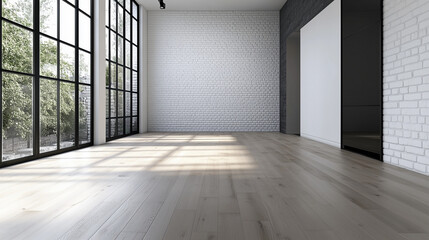 Contemporary open room with clean whitewashed brick walls, lightly distressed wooden plank flooring, and a high ceiling enhancing the spaciousness of the minimalist design