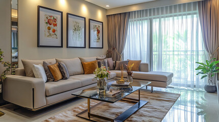 Modern concept of living room interior with design modular boucle sofa, glassy coffee table, mock up poster frames, plants and elegant decorations. Home decor. Template.	
