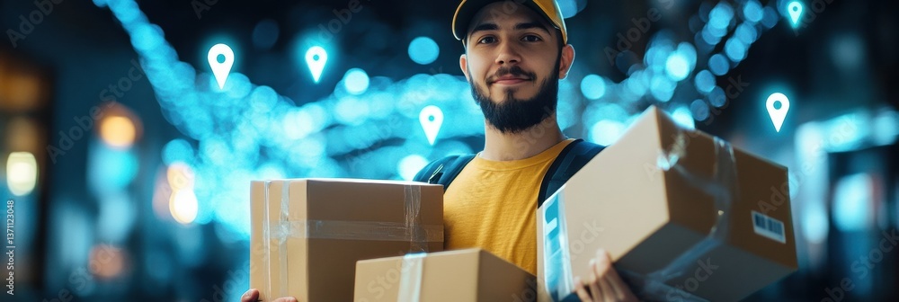 Poster friendly delivery person holds multiple packages in front of a digital map showcasing glowing locati