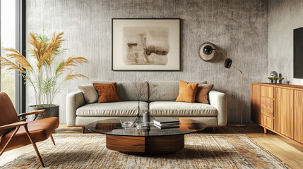 Interior design of modern living room interior with mock up poster frame, modern sofa, wooden sideboard, glass coffee table, rug, wall with stucco and personal accessories. Home decor. Template.