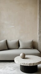 Modern Living Room Featuring Neutral Tones With Textured Decor and Minimalist Furniture