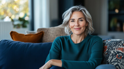 Obraz premium Happy middle-aged woman dressed casually, sitting sideways on a classic navy blue couch, decorative pillows behind her, as the warm-toned living room exudes comfort and sophisticat