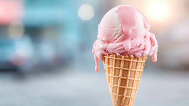A scrumptious scoop of pink ice cream drips delightfully from a cone, showcasing the sweet allure of summertime treats under the glowing sun.