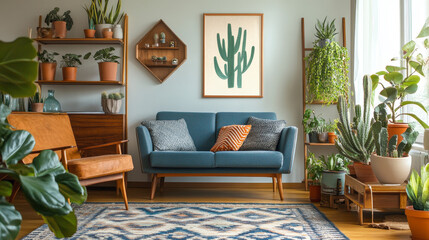Stylish composition of modern living room interior with structure painting, a lot of cacti and plants, armchair, wooden shelves and accessories. Creative wall, carpet on the floor. Template.