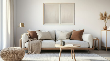 Modern concept of living room interior with design sofa, pillow, blanket, art painitngs , side wooden stool, lamp and elegant personal accessories in stylish home decor. Template.