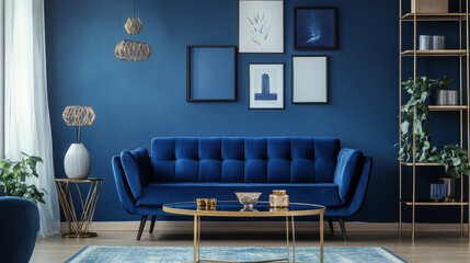 Creative compositon of modern living room interior design with glamour blue sofa, metal shelf, coffee table and elegant home accessories. Dark blue wall. Home staging. Template. Copy space.