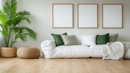 A stylish couch with green pillows and blank wall frames brings a refreshing vibe to an inviting living area designed for relaxation and personal expression.