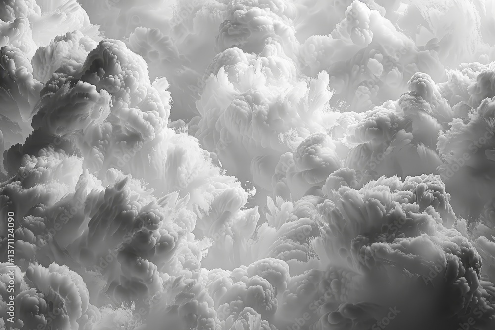 Poster a close-up view of white clouds densely packed together, creating a soft, fluffy texture, puffy, clo
