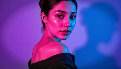 Artistic portrait of a young woman with glowing skin and neon lighting shadows