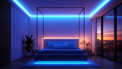 Modern bedroom with city sunset view.