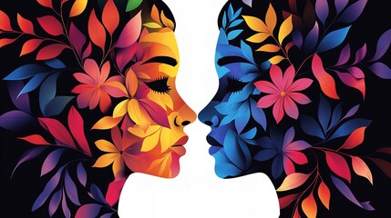 Two women's faces are intertwined with vibrant flowers and leaves, creating a stunning visual of unity and nature's beauty.
