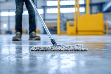 Worker mopping concrete floor in a modern office or factory environment   professional stock photo
