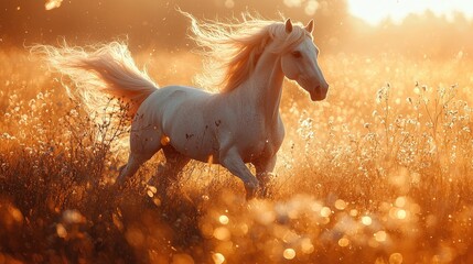 A whimsical pastel-colored unicorn, adorned with a flowing iridescent mane, prancing under a rainbow in a dreamy enchanted meadow. 