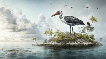 Large bird on tropical isle; ocean, sky, clouds.