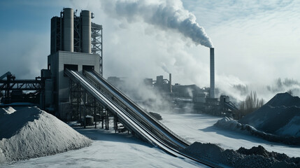 A large-scale industrial cement factory with miles of conveyor belts looping around heavy processing machinery, towering kilns emitting faint heat waves, and a haze of dust in the