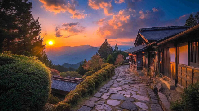 Trail of Magome juku preserved town at dawn, Kiso valley